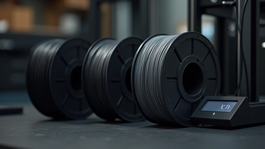 ABS filaments ritī, melns un pelēks, laboratorijas vidē ar 3D printeri fona attēlā