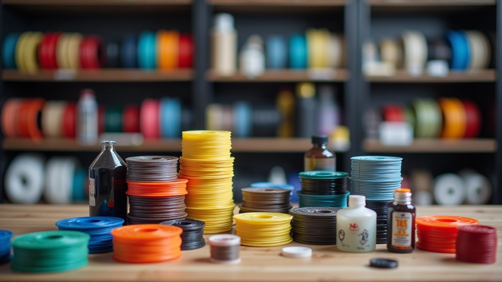 Dažādi 3D drukāšanas filamenti un sveķi, organizēti uz vietas