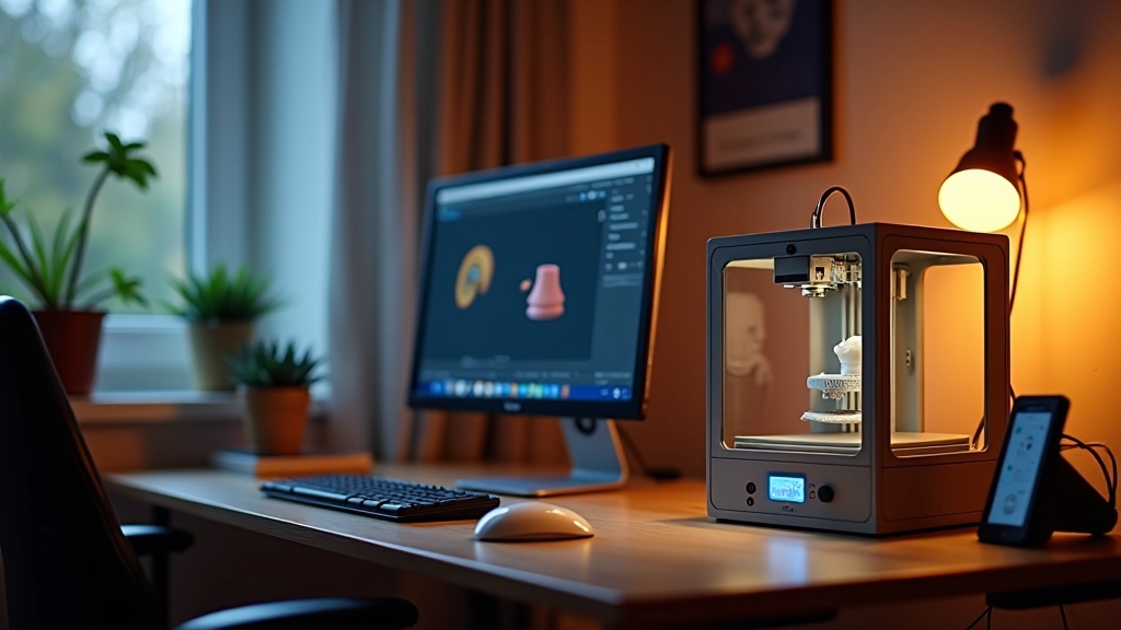 Mājas 3D printera blakus datora ekrānam ar atvērtu drukāšanas programmu un pabeigtu modeļu rindu