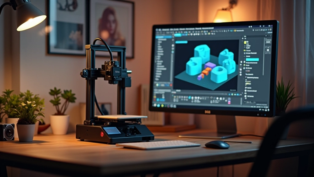 Mājas 3D printera blakus datora ekrānam ar projektēšanas programmu