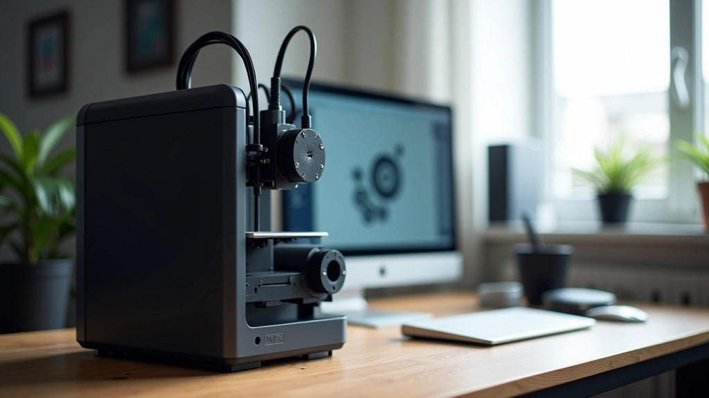 Moderns 3D printeris uz darba galda ar datoru un 3D dizaina programmu ekrānā