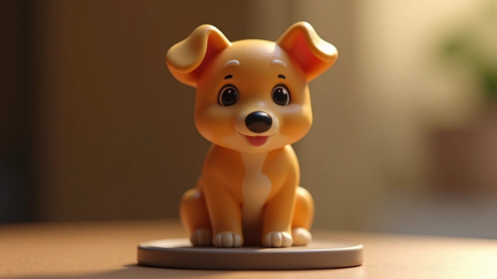 Smaigu skaļo 3D drukātu suni figūriņu ar īstā mājdzīvnieka krāsas un iezīmes, uz galdskroplīgā pamatnes