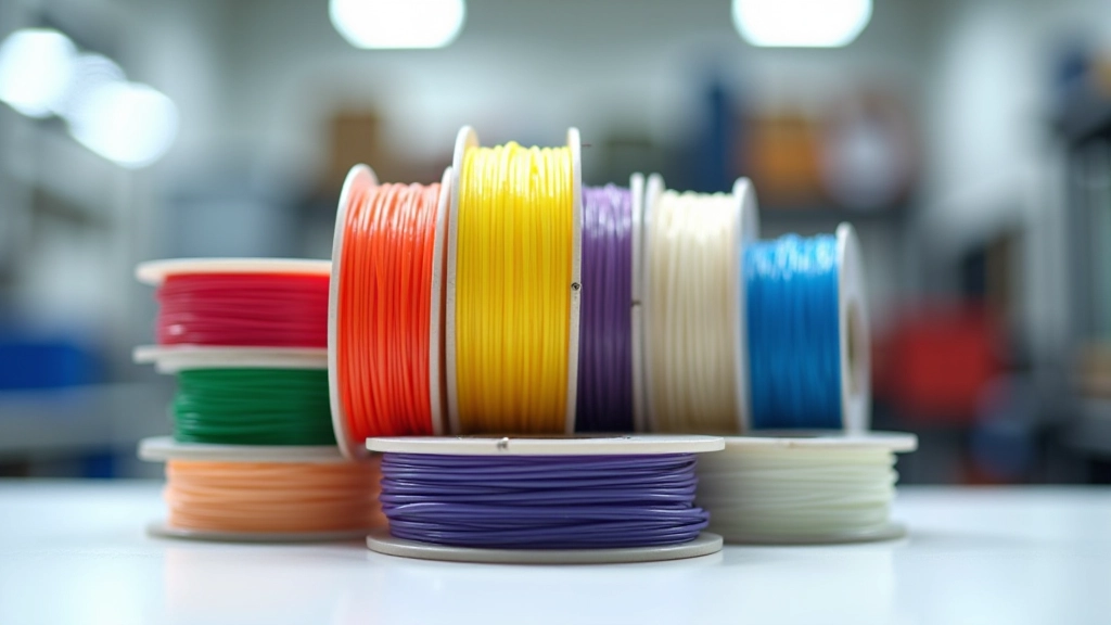 PLA filaments ritī, dažādas spilgtas krāsas, tūpošs uz balta laboratorijas galda