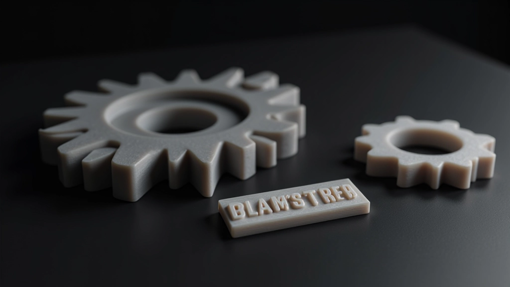 Trīs pabeigti 3D drukāti modeļi — mehānisks zobrats, personalizēts uzraksts un funkcionāls prototips uz melnā fona