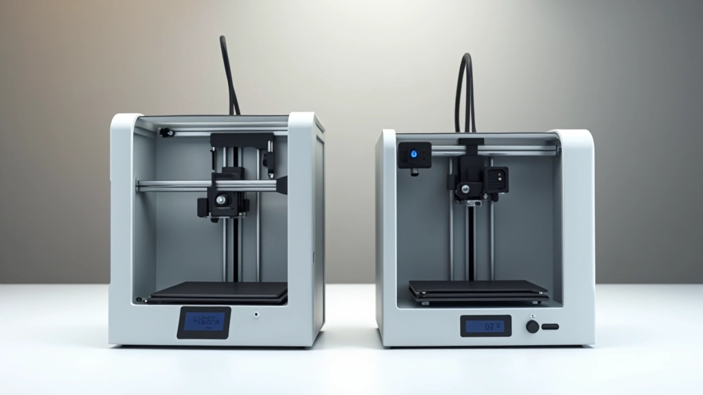 Divas dažādu izmēru 3D printeres blakus viena otrai uz izstādes